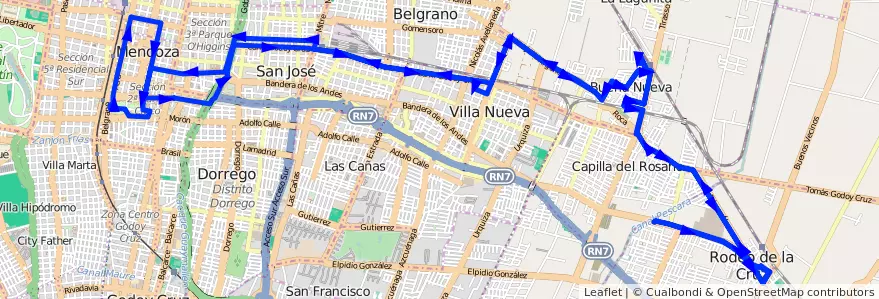 Mapa del recorrido B25 - Buena Nueva - Casa de Gob. de la línea G02 en Mendoza.