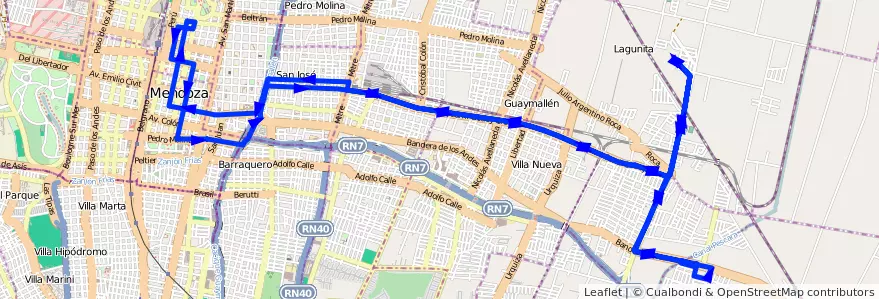 Mapa del recorrido B26 - Bº Paraguay de la línea G02 en Mendoza.