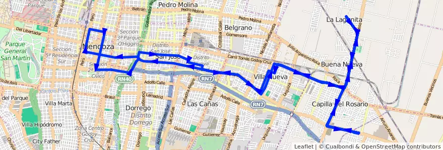Mapa del recorrido B26 - Bº Paraguay por Hosp. Notti  de la línea G02 en Mendoza.