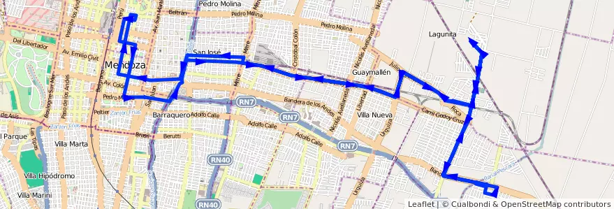 Mapa del recorrido B26 - Bº Paraguay por Roca de la línea G02 en Mendoza.