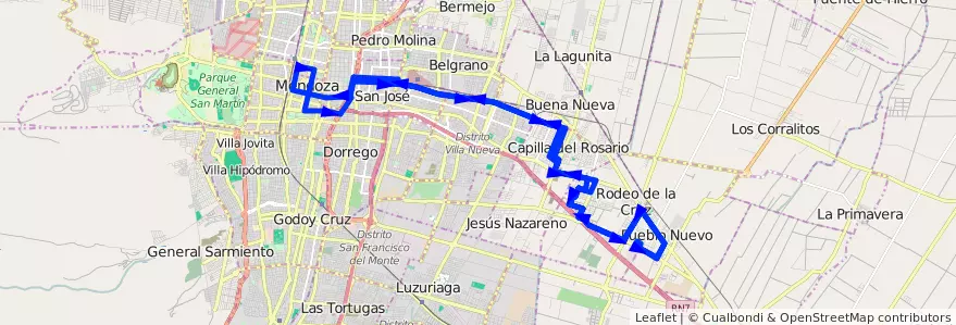 Mapa del recorrido B27 - Escorihuela por Carril Godoy Cruz de la línea G02 en Mendoza.
