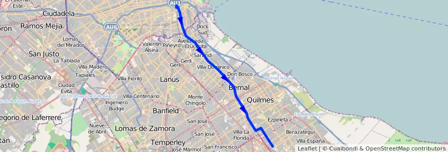 Mapa del recorrido B3 Constitucion-Quilm de la línea 148 en 布宜诺斯艾利斯省.