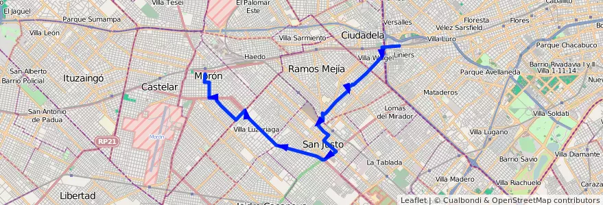 Mapa del recorrido B4 Liniers-Moron de la línea 174 en 布宜诺斯艾利斯省.