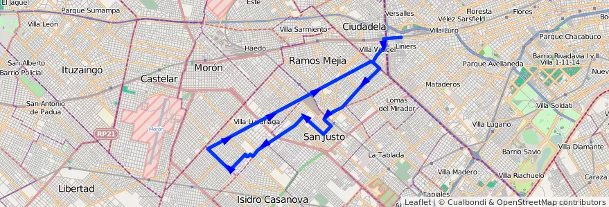 Mapa del recorrido B5 R1 Liniers-SIAM de la línea 174 en Partido de La Matanza.