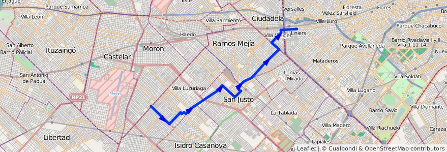 Mapa del recorrido B5 R1 Liniers-SIAM de la línea 174 en 布宜诺斯艾利斯省.