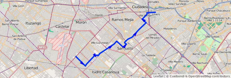 Mapa del recorrido B5 R2 Liniers-SIAM de la línea 174 en Partido de La Matanza.