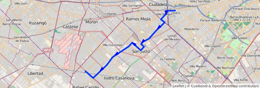 Mapa del recorrido B6 Liniers-R.Castillo de la línea 174 en Partido de La Matanza.