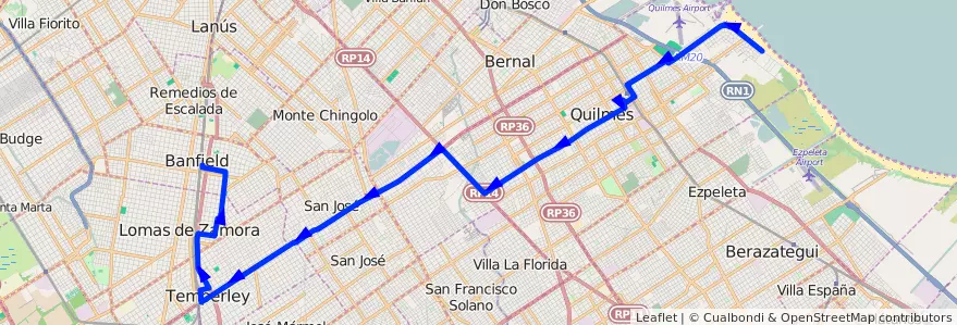 Mapa del recorrido Banfield-Quilmes de la línea 278 en Buenos Aires.