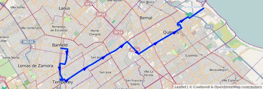 Mapa del recorrido Banfield-Quilmes de la línea 278 en Buenos Aires.