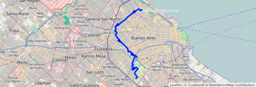 Mapa del recorrido Barrancas-Autodromo de la línea 114 en Ciudad Autónoma de Buenos Aires.