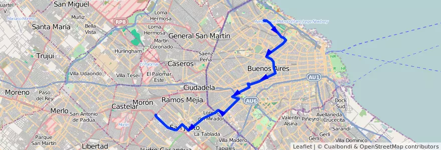 Mapa del recorrido Barrancas-Don Bosco de la línea 55 en 阿根廷.