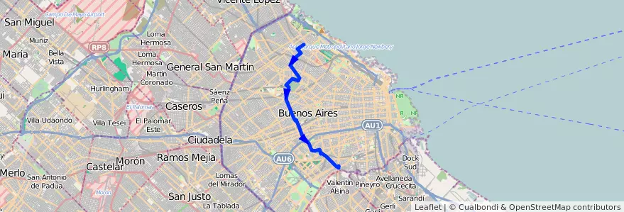 Mapa del recorrido Barrancas-Pte.Uriburu de la línea 44 en Ciudad Autónoma de Buenos Aires.