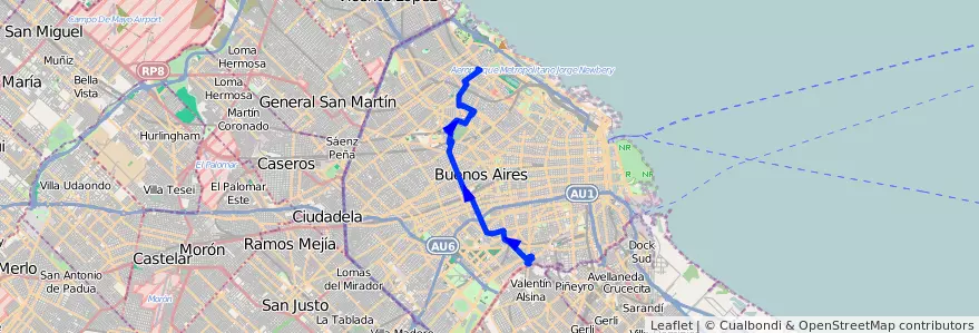 Mapa del recorrido Barrancas-Pte.Uriburu de la línea 44 en Ciudad Autónoma de Buenos Aires.