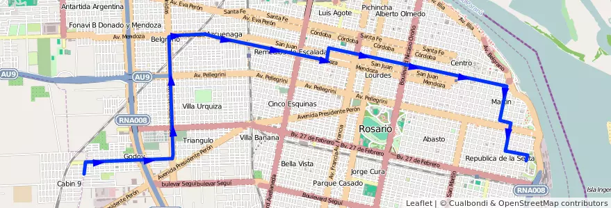 Mapa del recorrido Base de la línea 145 en Rosário.