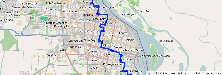Mapa del recorrido Base de la línea 113 en Rosário.