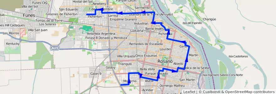Mapa del recorrido Base de la línea 110 en Rosário.