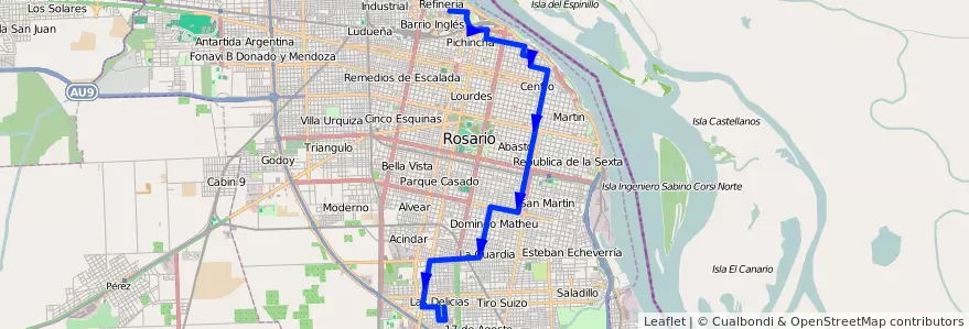 Mapa del recorrido Base de la línea 134 en Rosario.
