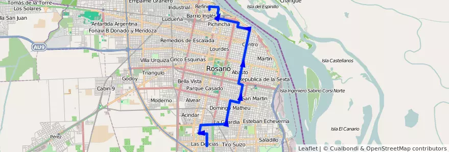 Mapa del recorrido Base de la línea 135 en Rosário.