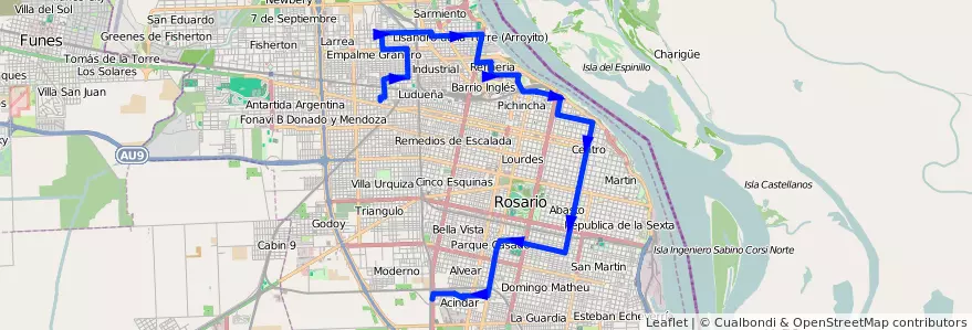 Mapa del recorrido Base de la línea 129 en Rosario.