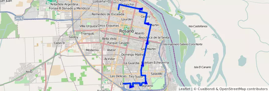 Mapa del recorrido Base de la línea 136 en Rosario.