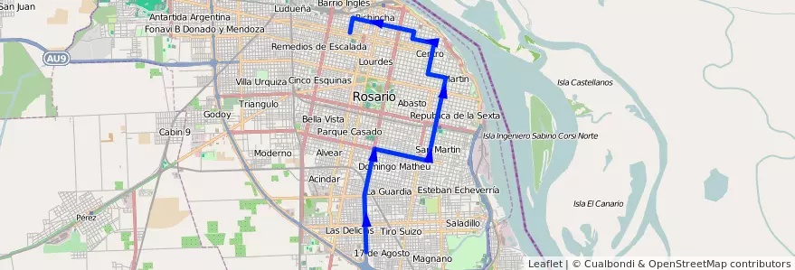 Mapa del recorrido Base de la línea 137 en Rosário.