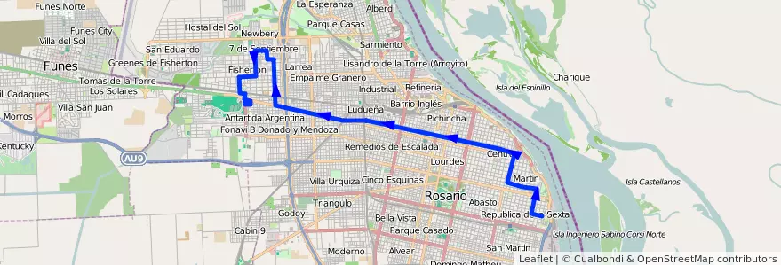 Mapa del recorrido Base de la línea 115 en Rosário.