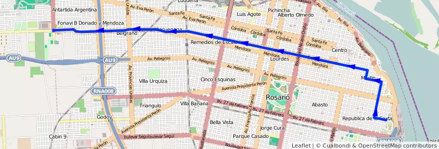 Mapa del recorrido Base de la línea K en Rosário.