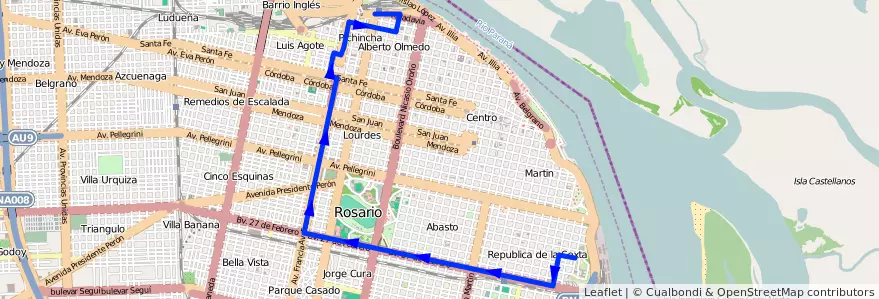 Mapa del recorrido Base de la línea Ronda del Centro en Rosário.