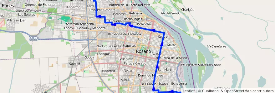 Mapa del recorrido Base de la línea 141 en 로사리오.