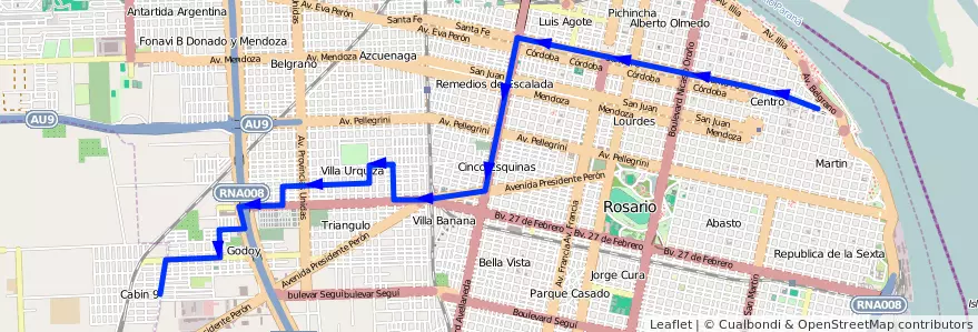 Mapa del recorrido Base de la línea 121 en Rosario.