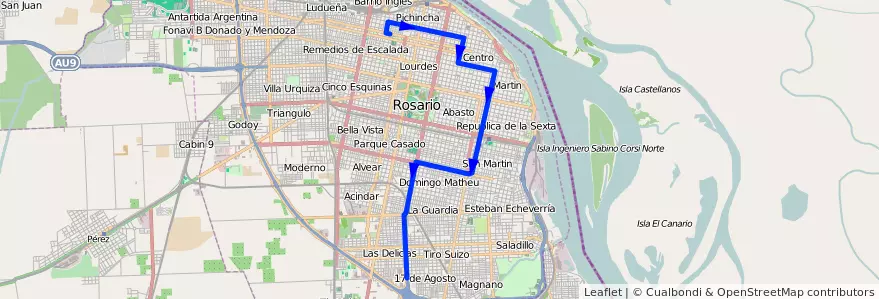 Mapa del recorrido Base de la línea 136 en Rosario.