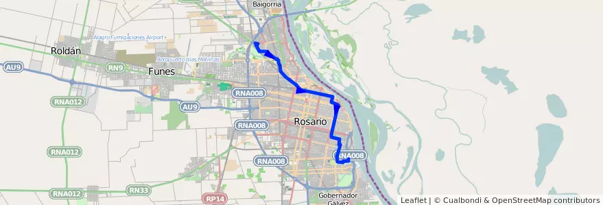 Mapa del recorrido Base de la línea 106 en 로사리오.