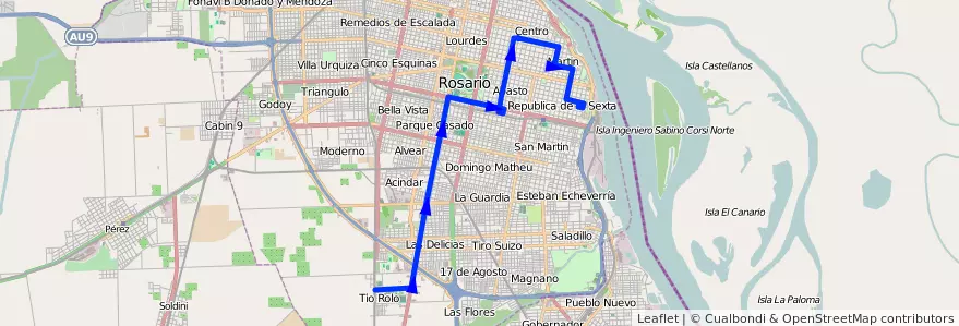 Mapa del recorrido Base de la línea 132 en Rosario.