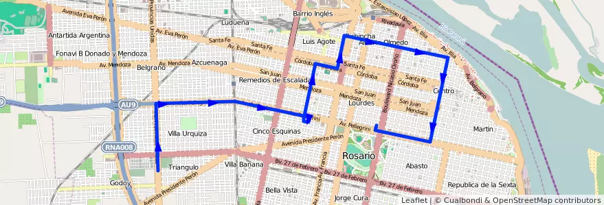 Mapa del recorrido Base de la línea 120 en Rosario.