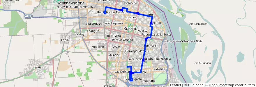 Mapa del recorrido Base de la línea 138 en Rosário.