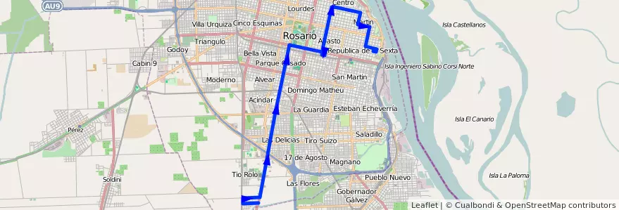 Mapa del recorrido Base de la línea 131 en Rosario.