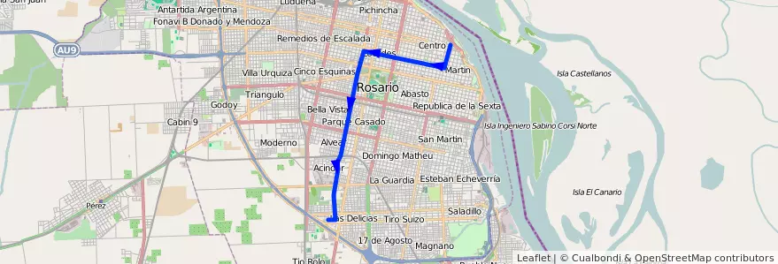 Mapa del recorrido Base de la línea 127 en 로사리오.