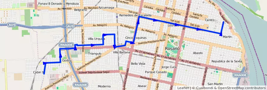 Mapa del recorrido Base de la línea 121 en ロサリオ.