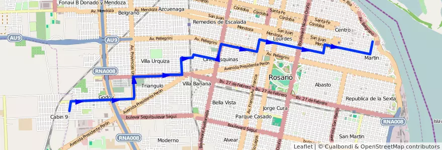Mapa del recorrido Base de la línea 123 en Rosario.