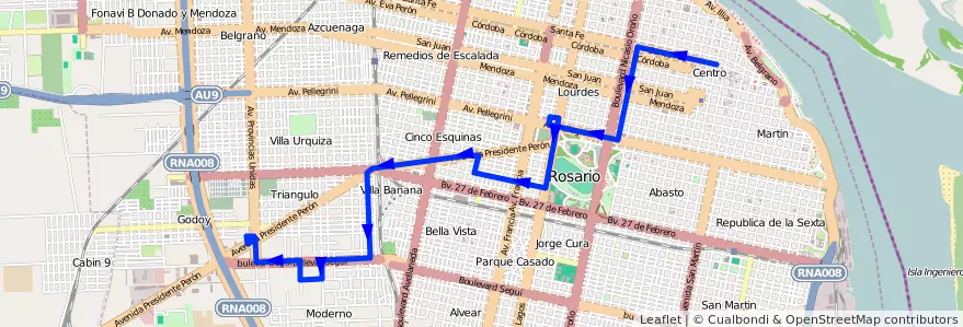 Mapa del recorrido Base de la línea 125 en Rosario.