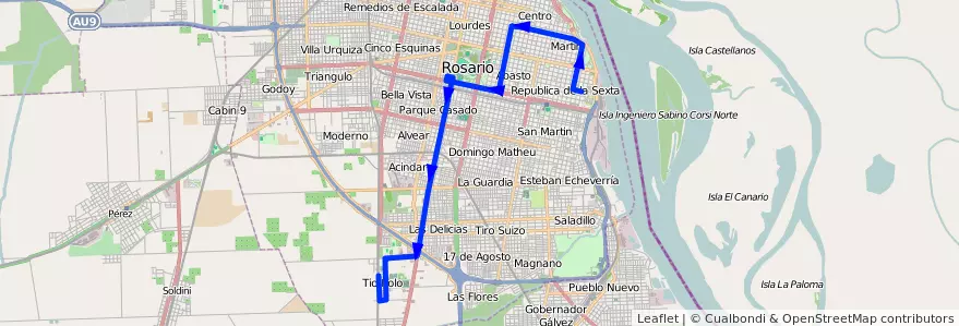 Mapa del recorrido Base de la línea 132 en Rosario.