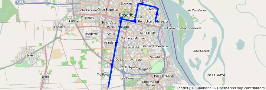 Mapa del recorrido Base de la línea 131 en Rosario.