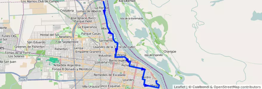 Mapa del recorrido Base de la línea Linea de la Costa en Rosário.