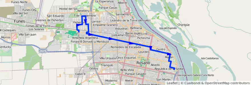 Mapa del recorrido Base de la línea 115 en Rosario.