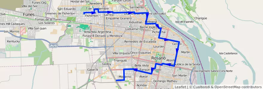 Mapa del recorrido Base de la línea 110 en Rosario.