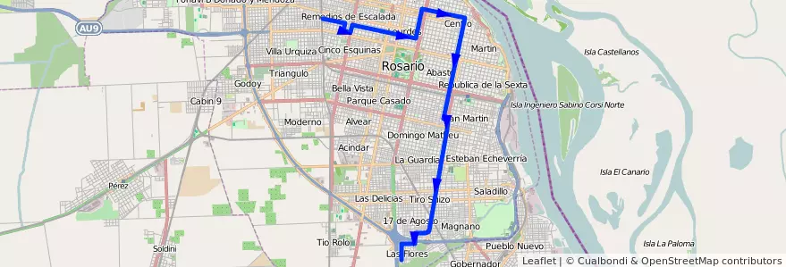 Mapa del recorrido Base de la línea 140 en Rosário.
