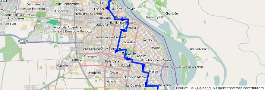Mapa del recorrido Base de la línea 113 en Rosario.