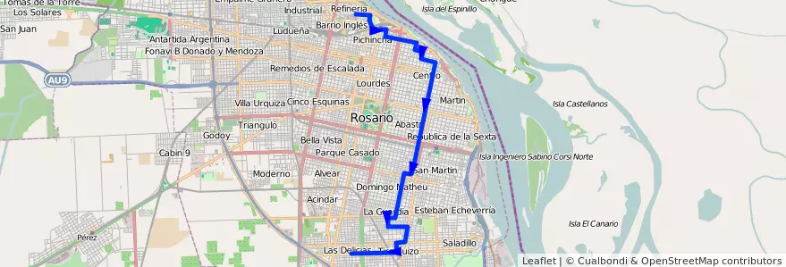 Mapa del recorrido Base de la línea 135 en Rosario.