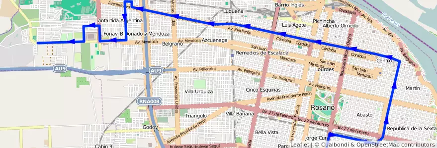 Mapa del recorrido Base de la línea 116 en Rosario.