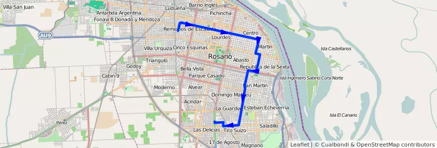 Mapa del recorrido Base de la línea 139 en Rosário.